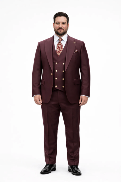 Rossiman Burgundy Suit for Men Peak Lapel 1-Button Jacket & Double-Breasted Vest