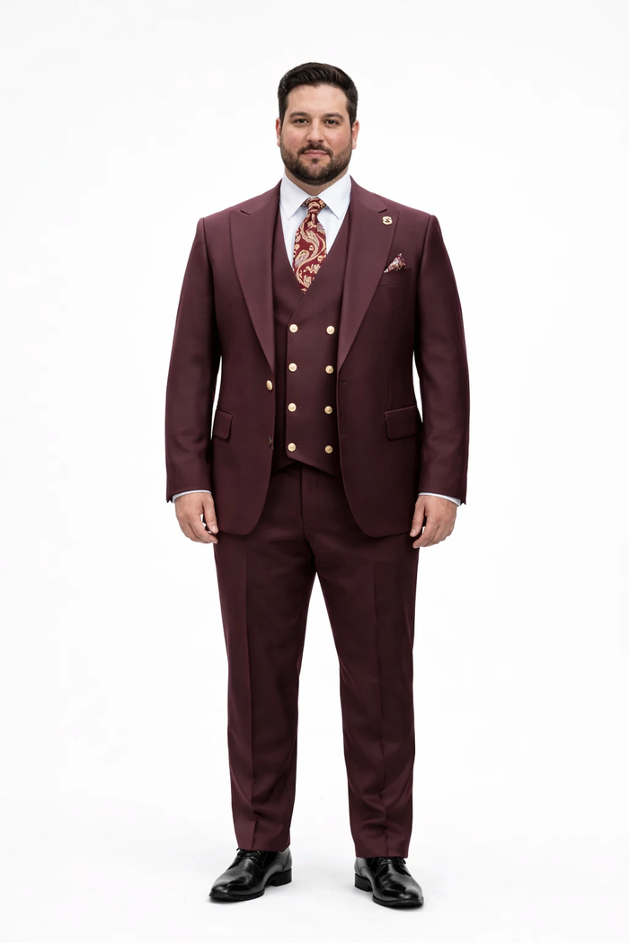 Rossiman Burgundy Suit for Men Peak Lapel 1-Button Jacket & Double-Breasted Vest