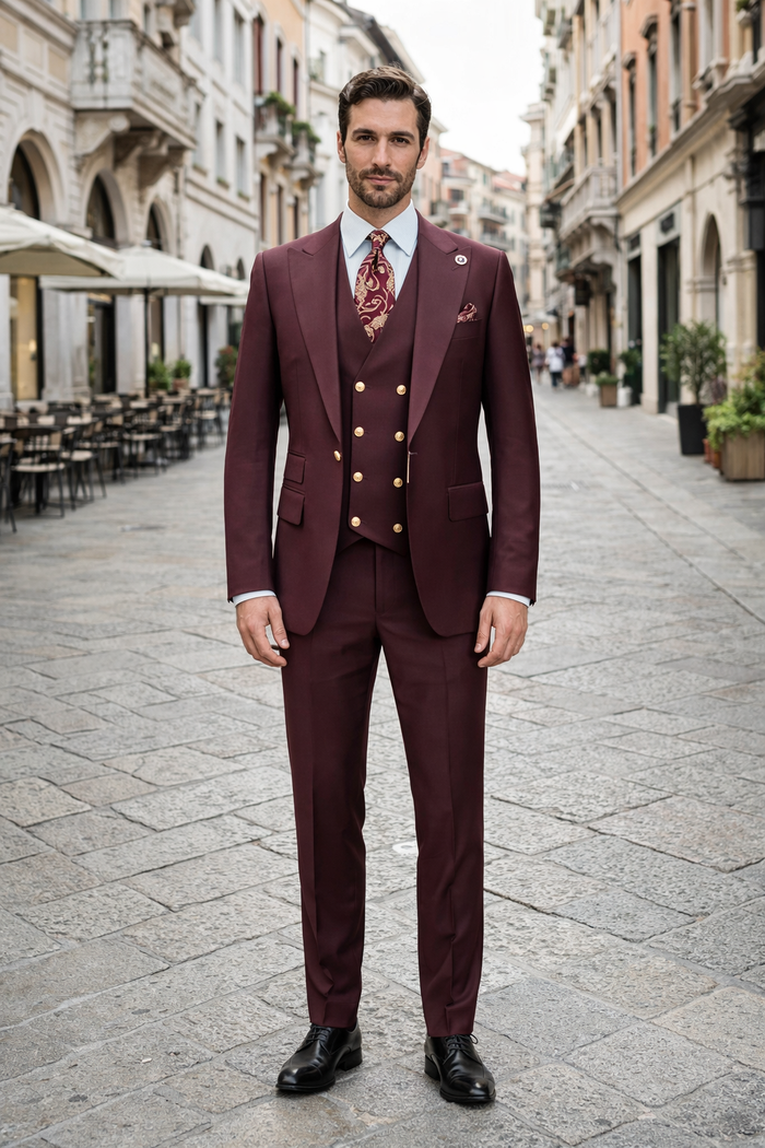 Rossiman Burgundy Suit for Men Peak Lapel 1-Button Jacket & Double-Breasted Vest