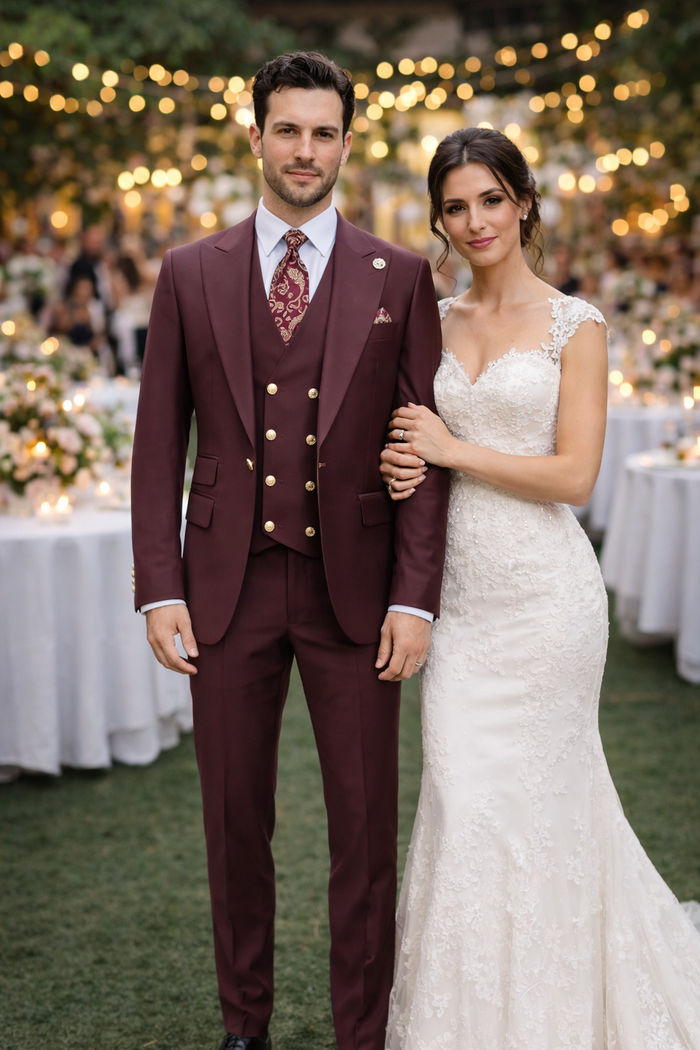 Rossiman Burgundy Suit for Men Peak Lapel 1-Button Jacket & Double-Breasted Vest