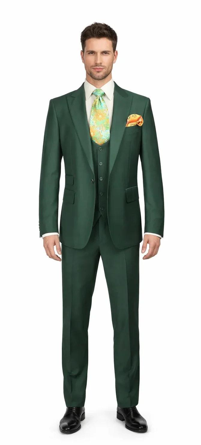 Rossiman Hunter Green Slim Fit Men's Suit ?? 3-Piece Vested Set with Flat Front Trousers