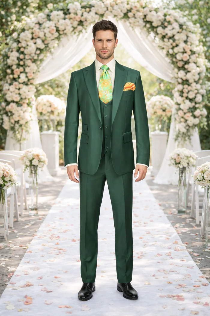 Rossiman Hunter Green Slim Fit Men's Suit ?? 3-Piece Vested Set with Flat Front Trousers