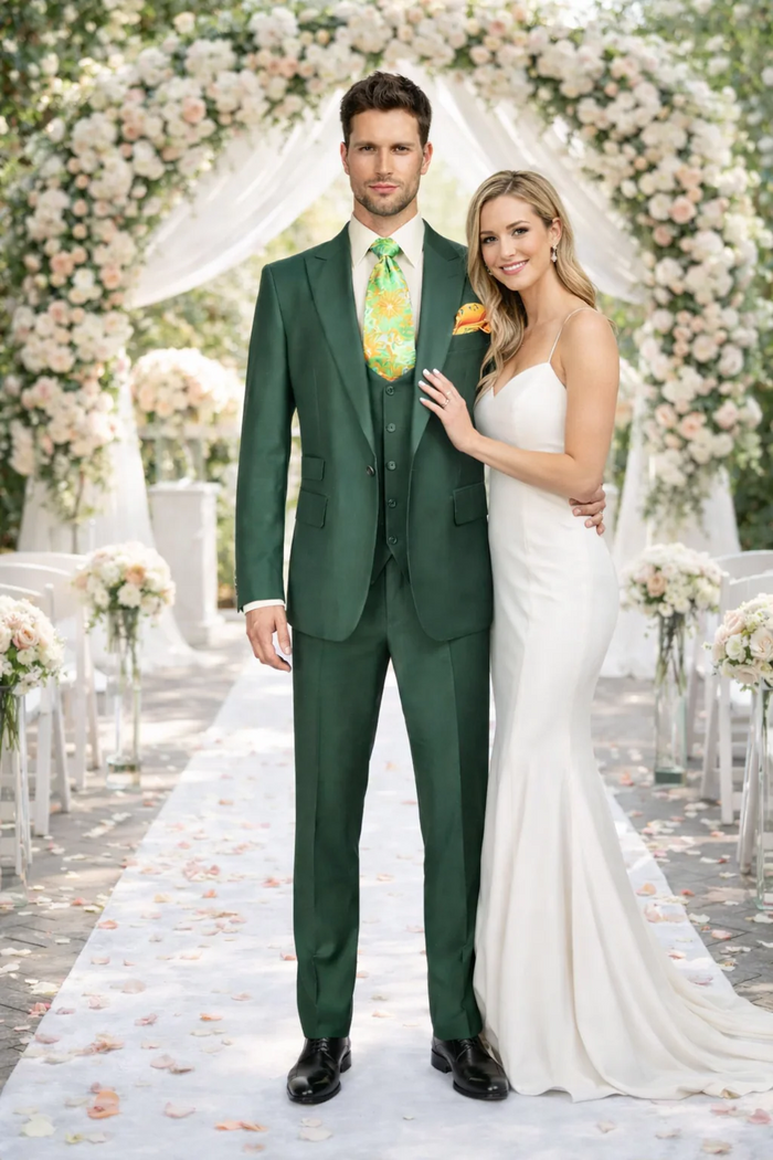Rossiman Hunter Green Slim Fit Men's Suit ?? 3-Piece Vested Set with Flat Front Trousers