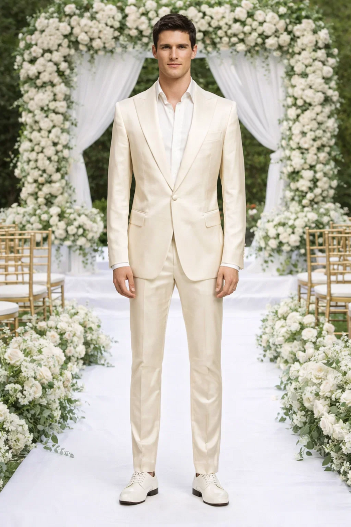Rossiman Men's Cream Sateen Suit - Elegant Glossy Formalwear