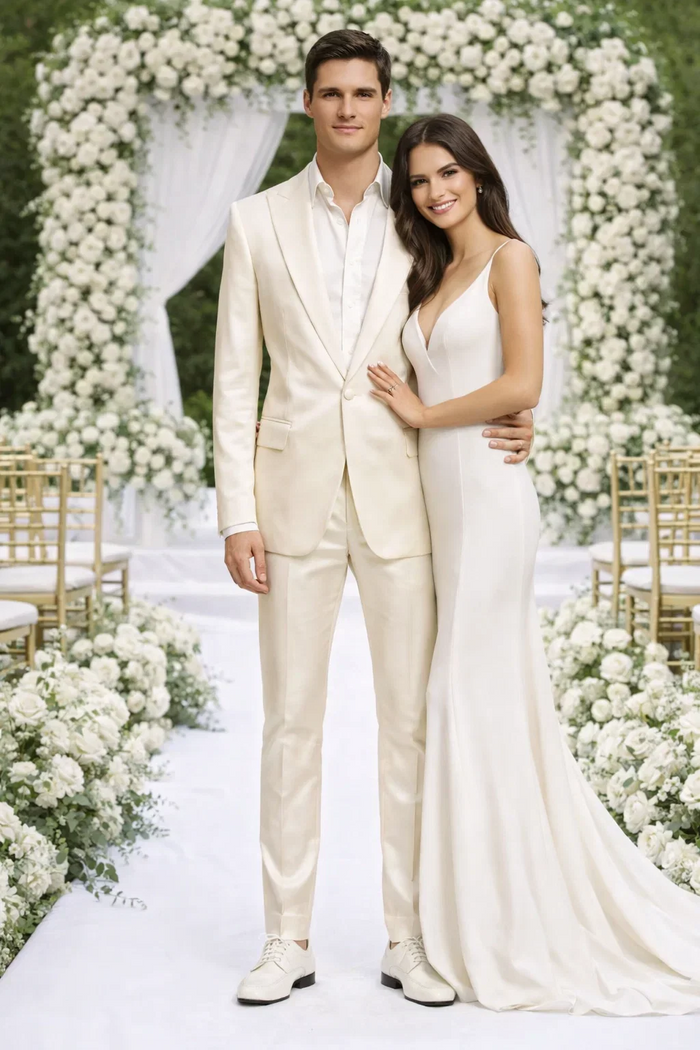 Rossiman Men's Cream Sateen Suit - Elegant Glossy Formalwear