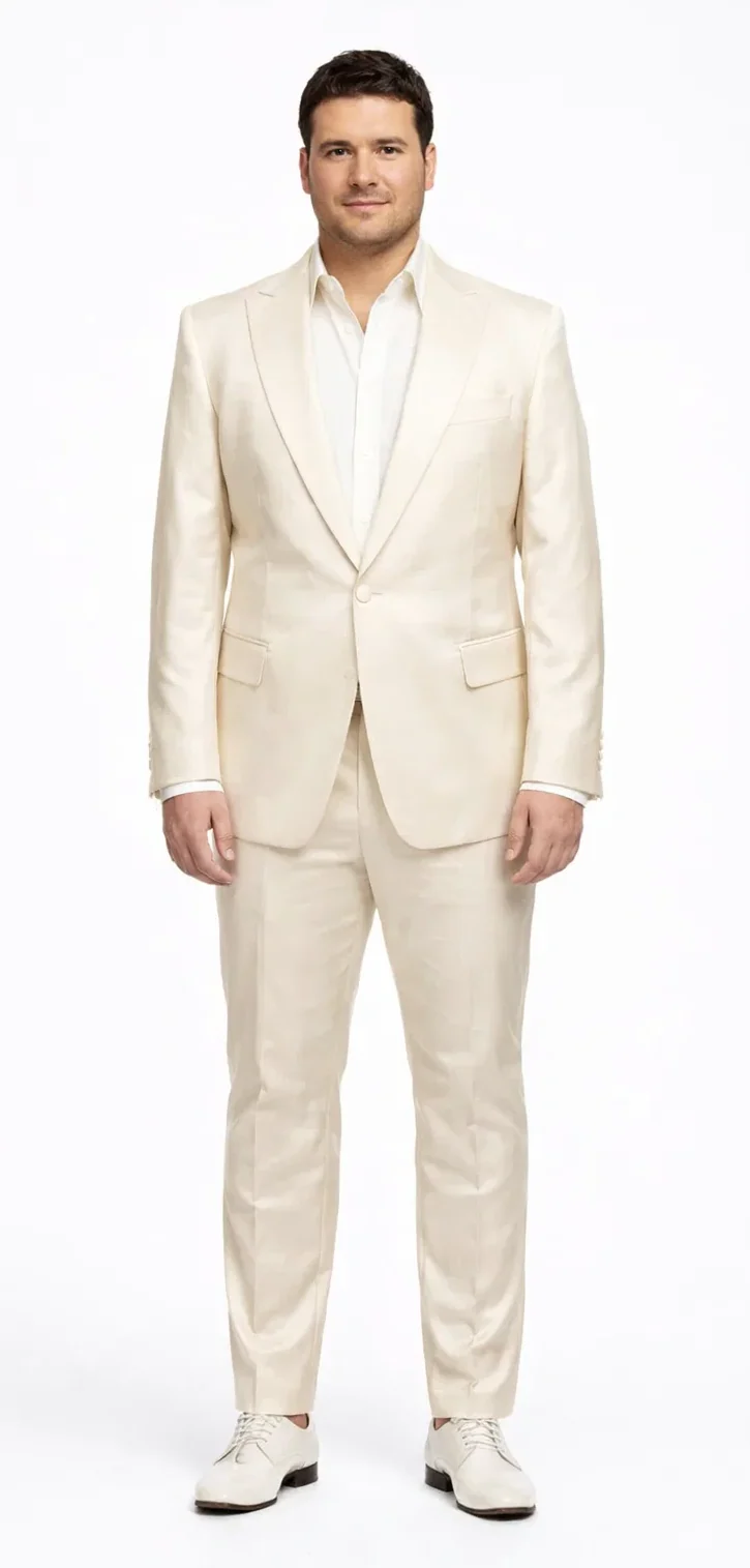 Rossiman Men??s Cream Sateen Suit ?? Elegant Glossy Formalwear