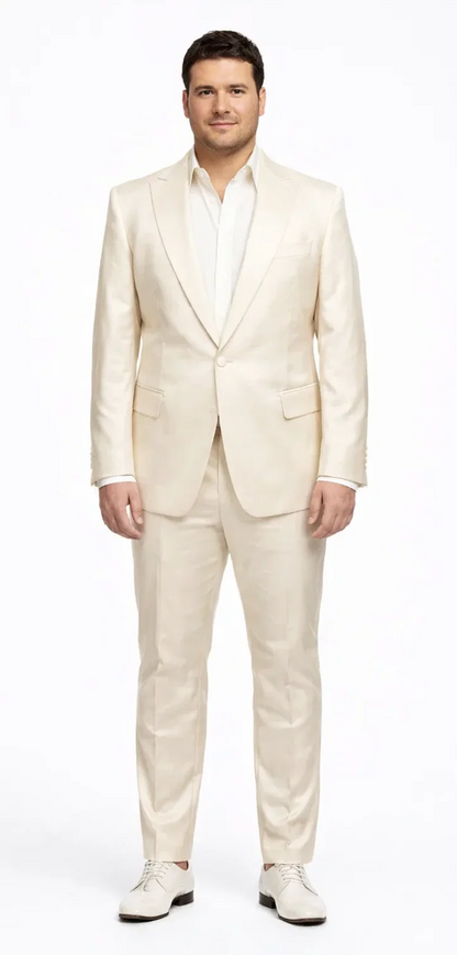Rossiman Men??s Cream Sateen Suit ?? Elegant Glossy Formalwear