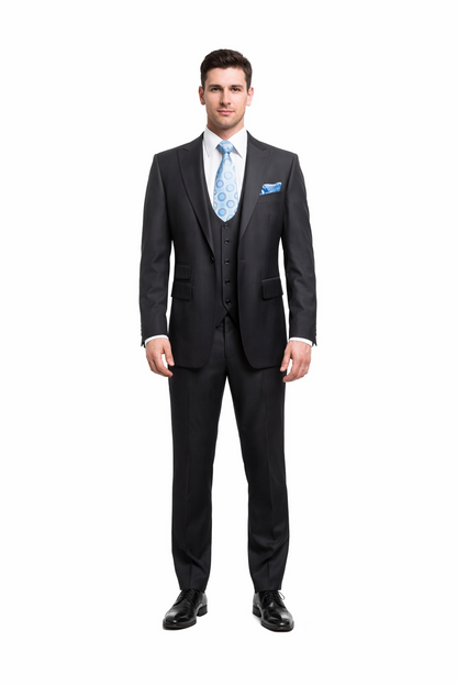 Rossiman Men's Dark Gray Slim Fit Suit ?? 3-Piece Vested Set with Flat Front Pants