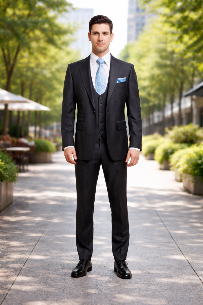 Rossiman Men's Dark Gray Slim Fit Suit Vested Flat Front Pants