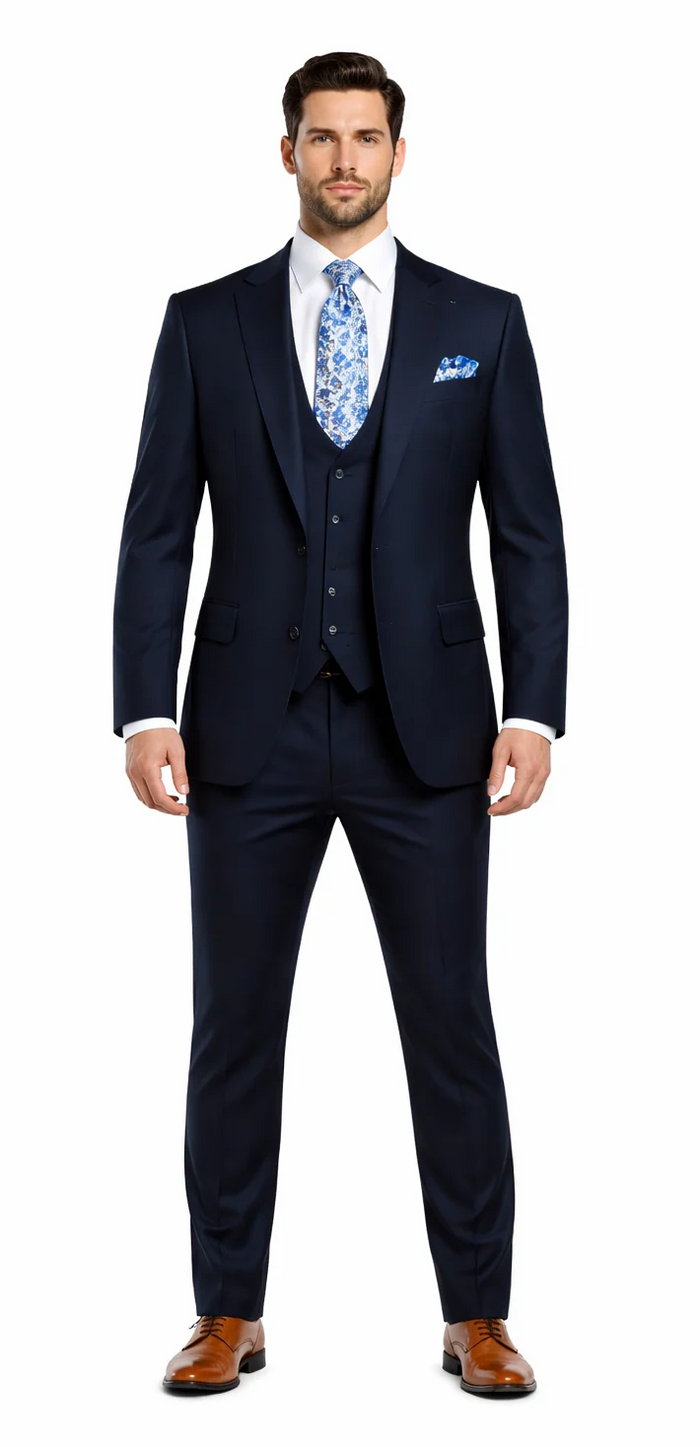Rossiman Men's Formal Blue Suit - Slim Fit Design with Vest and Trousers