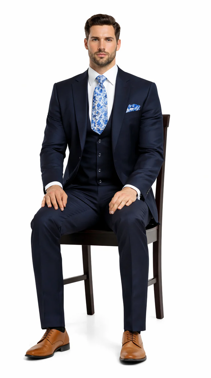 Rossiman Men's Formal Blue Suit - Slim Fit Design with Vest and Trousers