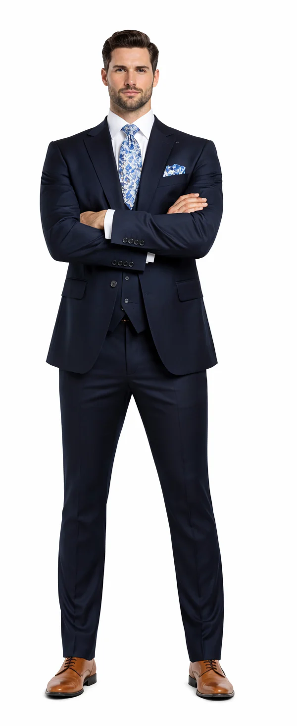Rossiman Men's Formal Blue Suit - Slim Fit Design with Vest and Trousers