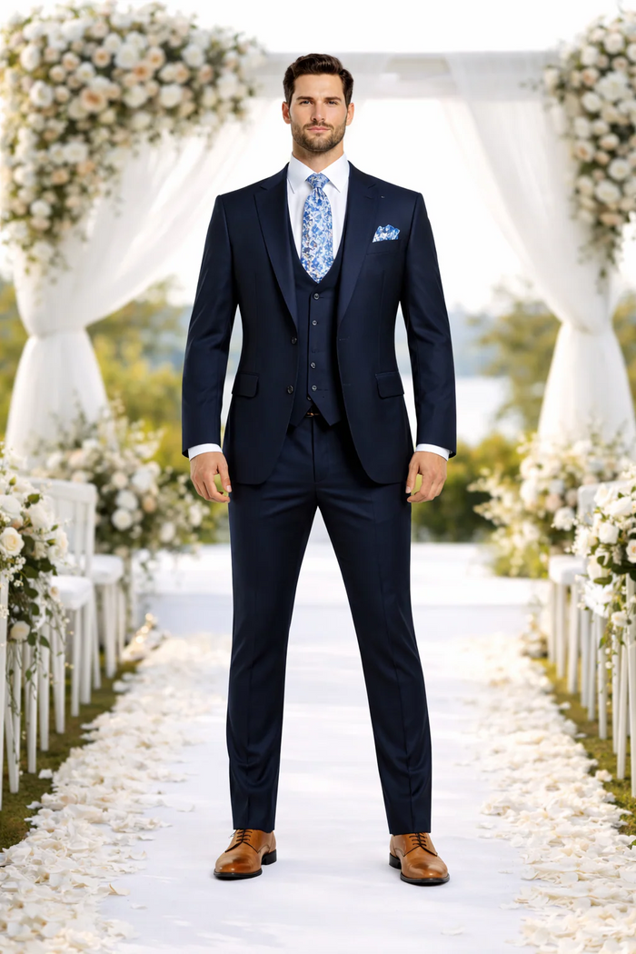 Rossiman Men's Formal Blue Suit - Slim Fit Design with Vest and Trousers