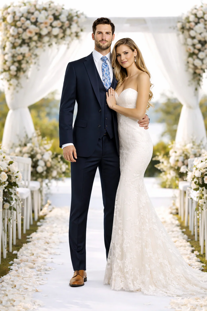 Rossiman Men's Formal Blue Suit - Slim Fit Design with Vest and Trousers