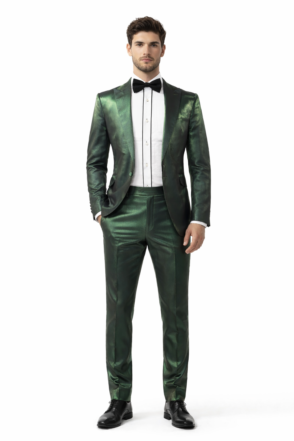 Rossiman Men??s Green Sateen Suit ?? Glossy Finish with Modern Flair