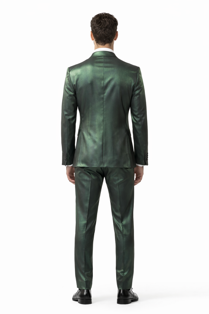 Rossiman Men Green Sateen Suit  Glossy Finish with Modern Flair