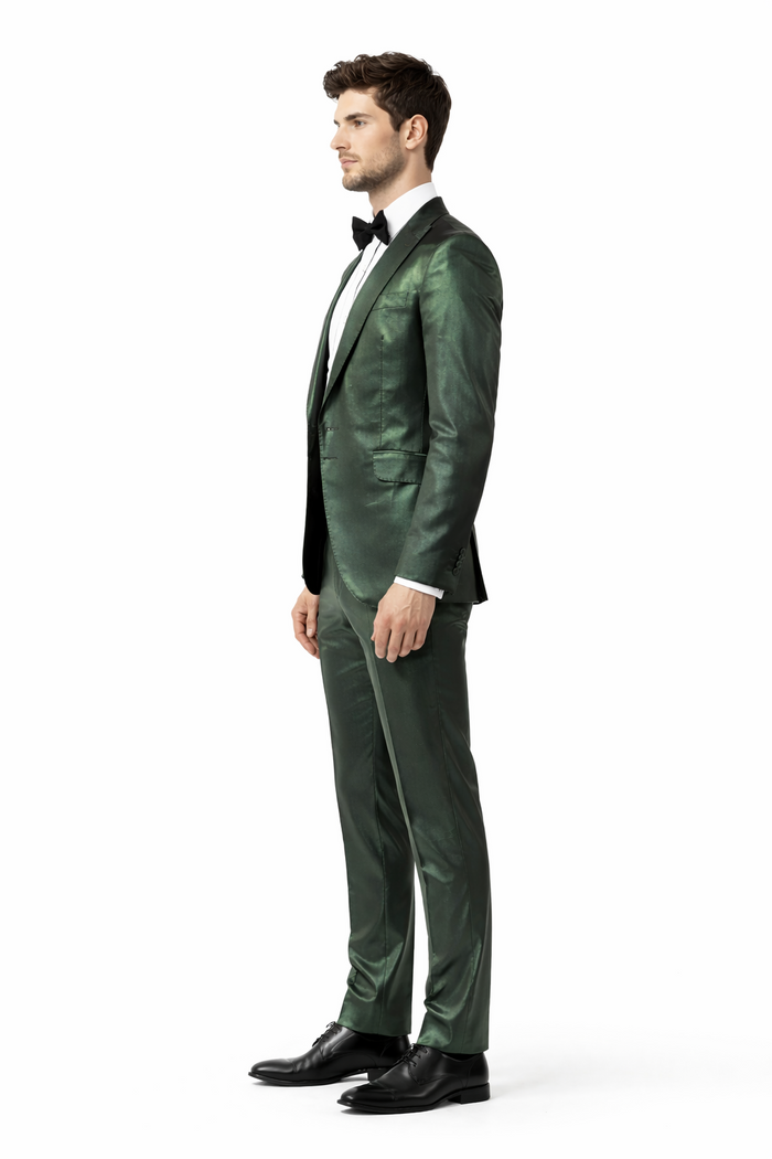 Rossiman Men Green Sateen Suit  Glossy Finish with Modern Flair