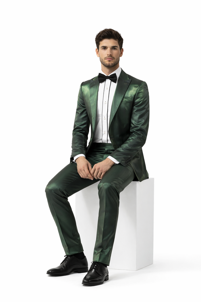 Rossiman Men Green Sateen Suit  Glossy Finish with Modern Flair