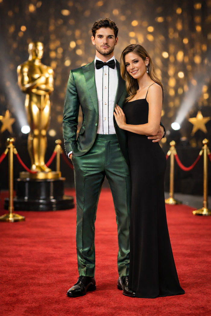 Rossiman Men Green Sateen Suit  Glossy Finish with Modern Flair