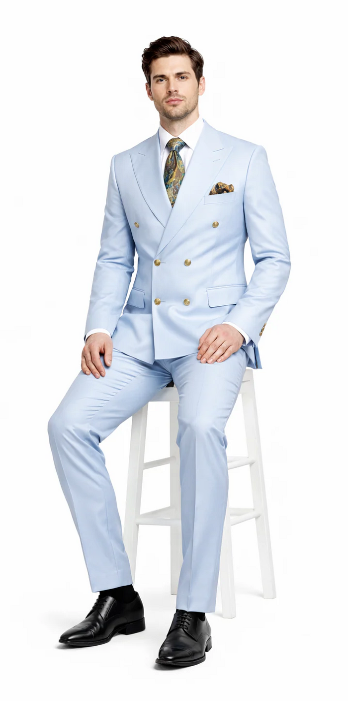 Rossiman Light Blue Men's Suit Double Breasted Slim Fit