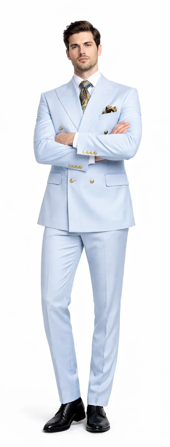 Rossiman Light Blue Men's Suit Double Breasted Slim Fit