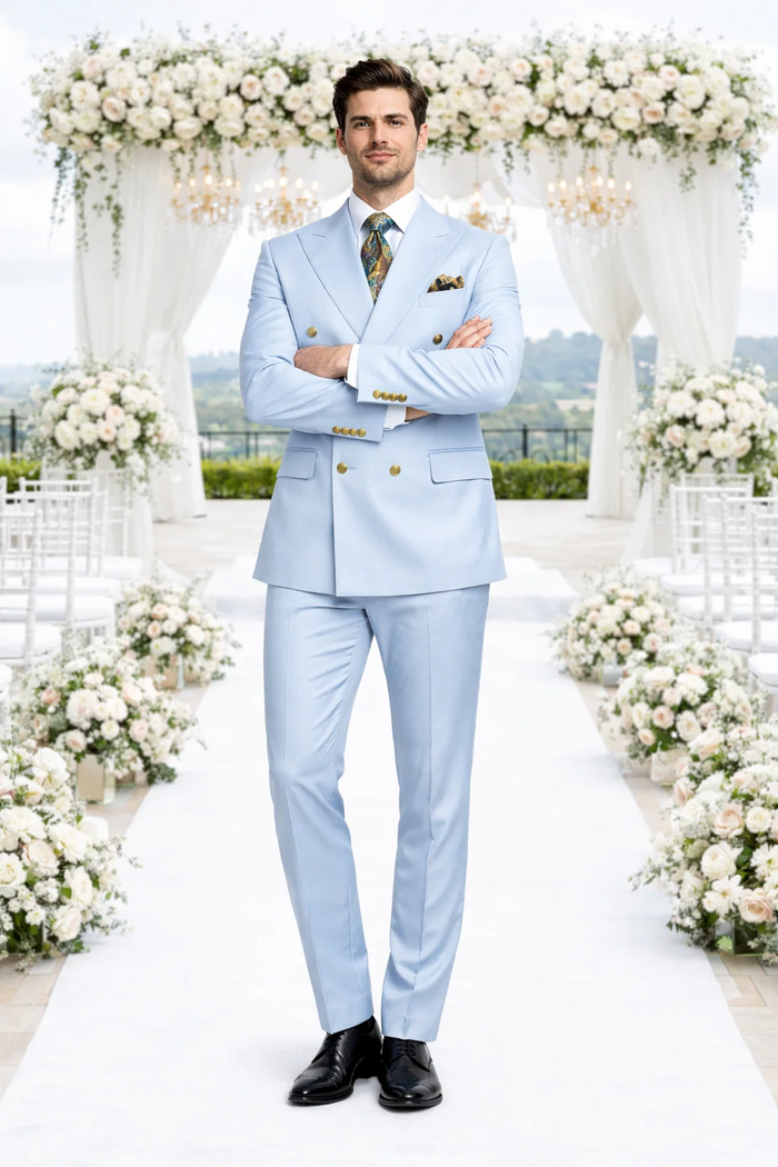 Rossiman Light Blue Men's Suit Double Breasted Slim Fit