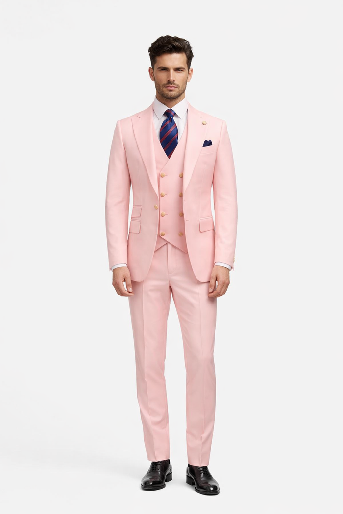 Rossiman Men's Pink Suit ?? 1-Button Peak Lapel Jacket & Double-Breasted Vest