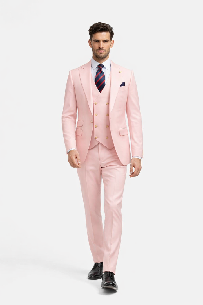 Rossiman Men's Pink Suit ?? 1-Button Peak Lapel Jacket & Double-Breasted Vest