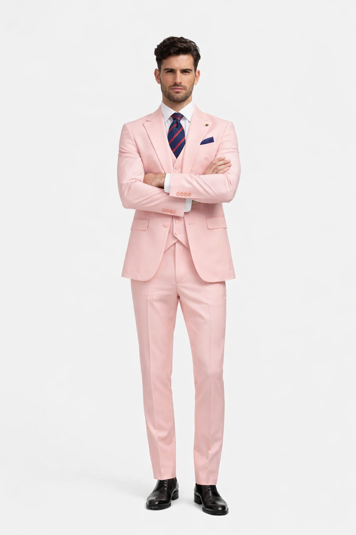 Rossiman Men's Pink Suit ?? 1-Button Peak Lapel Jacket & Double-Breasted Vest