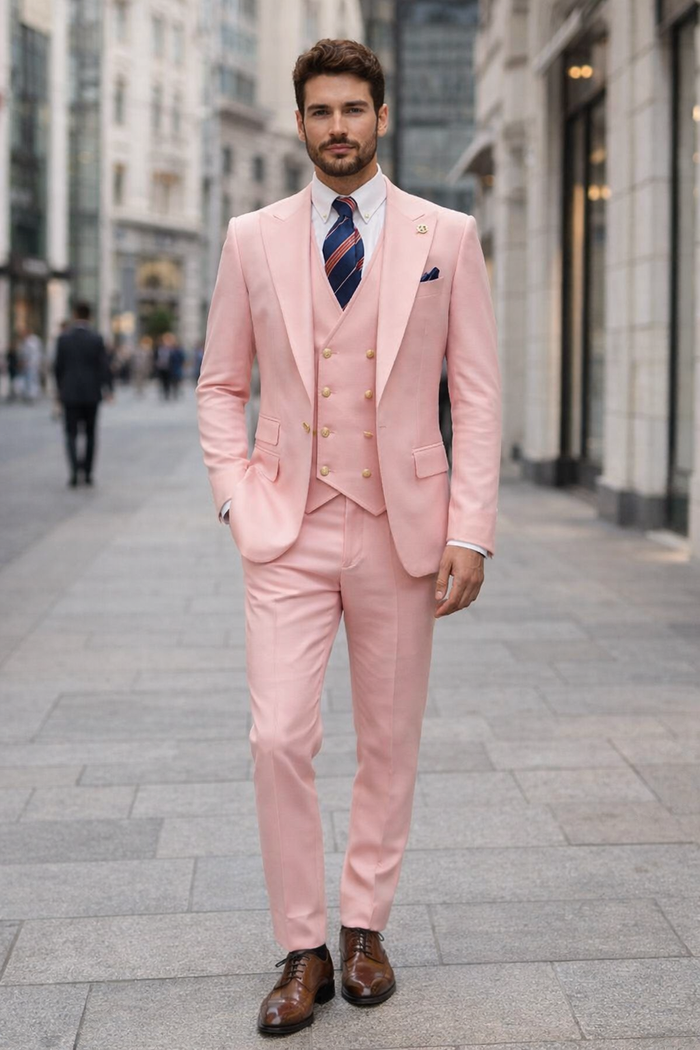 Rossiman Men's Pink Suit ?? 1-Button Peak Lapel Jacket & Double-Breasted Vest