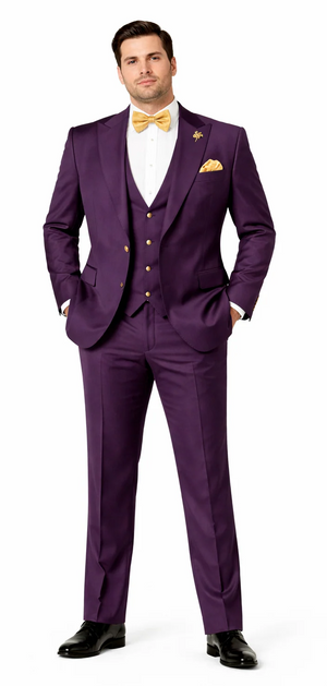 Plum Suit - Purple Suit With Gold Buttons With Double Breasted Vest - Rossiman Suits