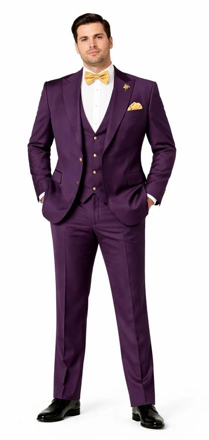 Plum Suit - Purple Suit With Gold Buttons With Double Breasted Vest - Rossiman Suits