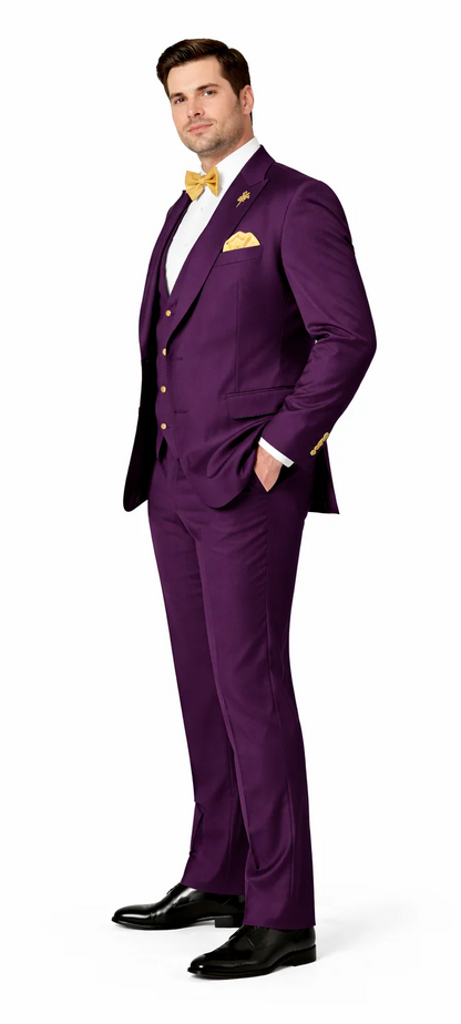 Plum Suit - Purple Suit With Gold Buttons With Double Breasted Vest - Rossiman Suits