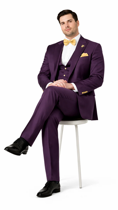 Plum Suit - Purple Suit With Gold Buttons With Double Breasted Vest - Rossiman Suits
