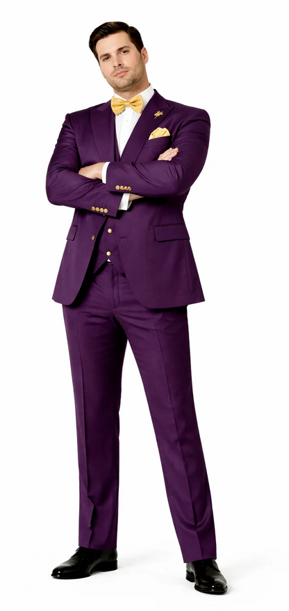 Plum Suit - Purple Suit With Gold Buttons With Double Breasted Vest - Rossiman Suits
