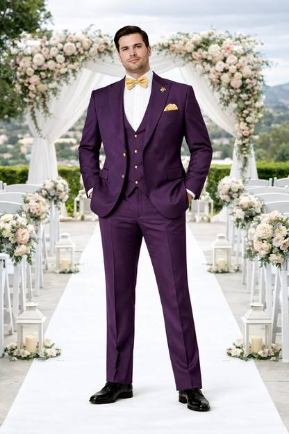 Plum Suit - Purple Suit With Gold Buttons With Double Breasted Vest - Rossiman Suits