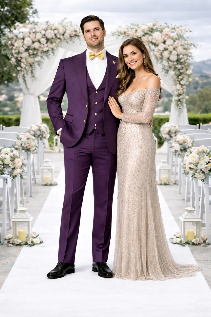 Rossiman Mens Plum Purple Suit - Gold Buttoned Double-Breasted Elegance