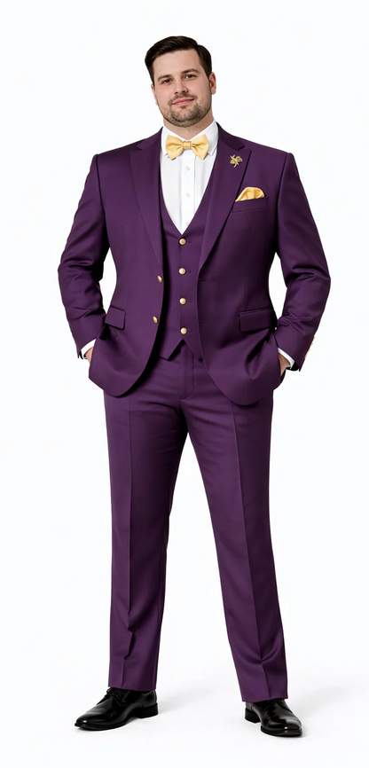 Plum Suit - Purple Suit With Gold Buttons With Double Breasted Vest - Rossiman Suits