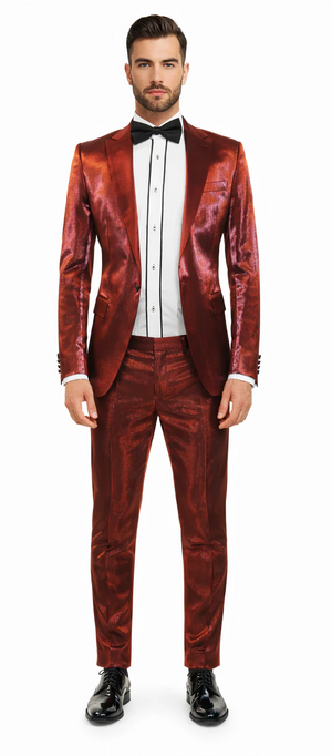 Rossiman Men??s Red Sateen Suit ?? Glossy Finish Bold Formalwear