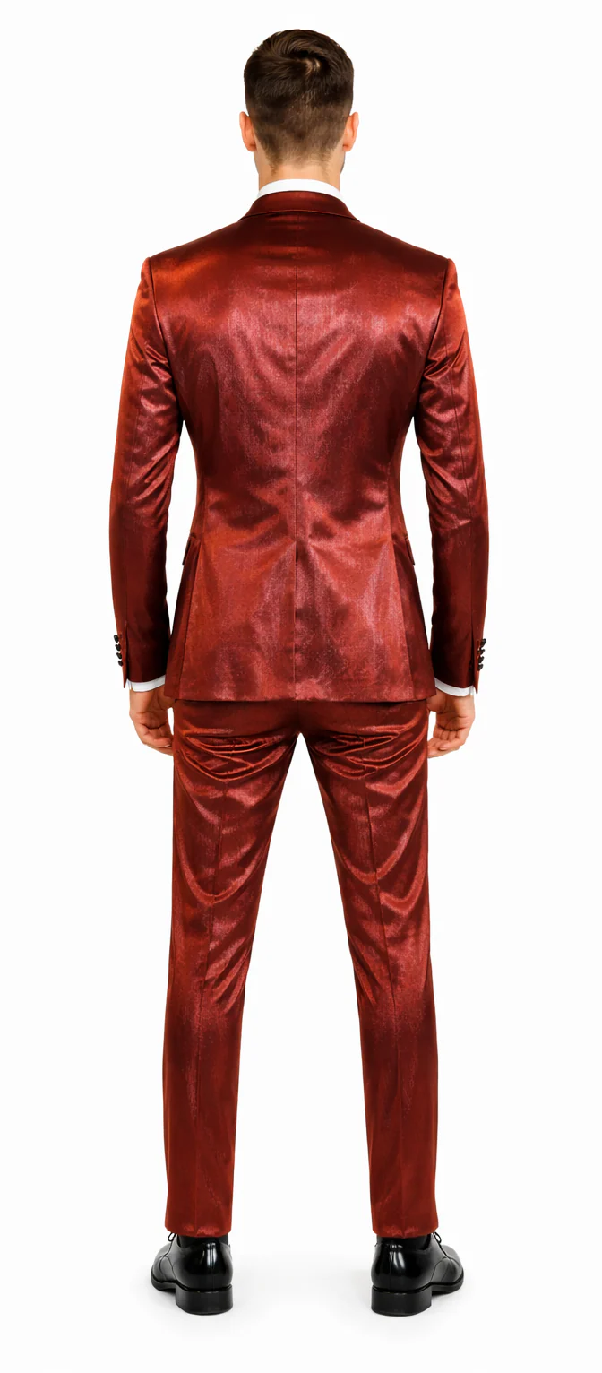 Rossiman Men??s Red Sateen Suit ?? Glossy Finish Bold Formalwear