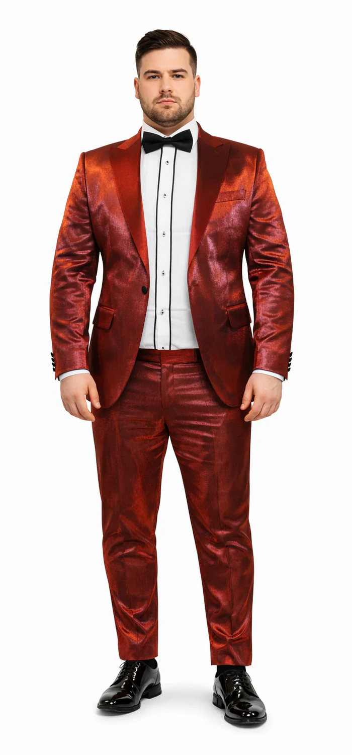 Rossiman Men??s Red Sateen Suit ?? Glossy Finish Bold Formalwear