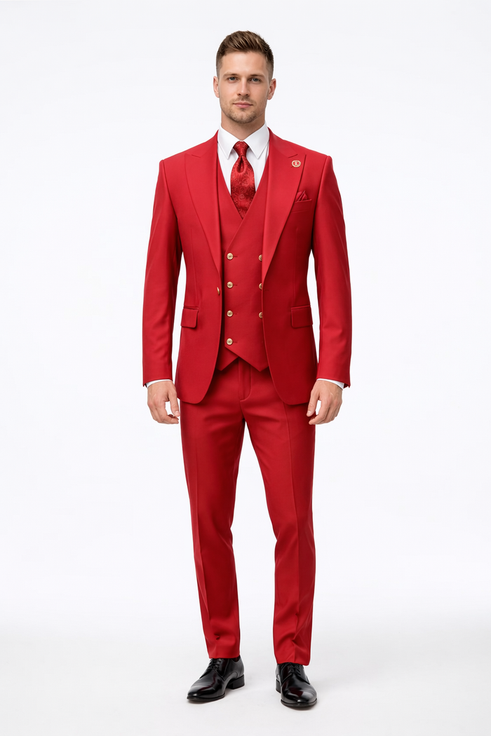 Rossiman Men's Red Suit ?? Stylish 1-Button Peak Lapel Jacket & Double-Breasted Vest