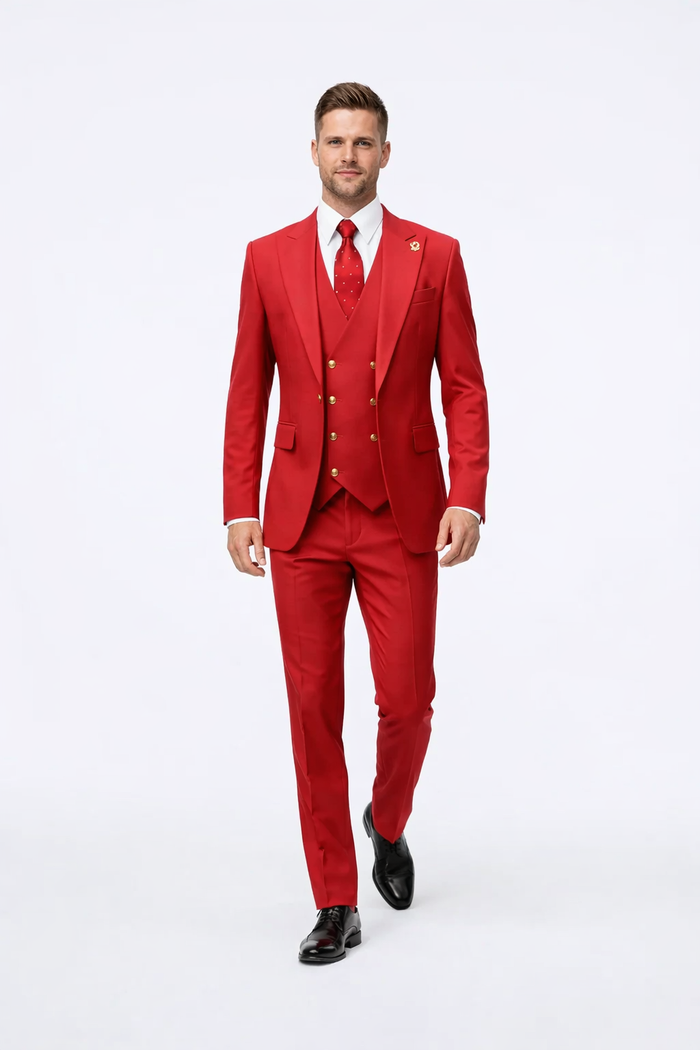 Rossiman Men's Red Suit ?? Stylish 1-Button Peak Lapel Jacket & Double-Breasted Vest