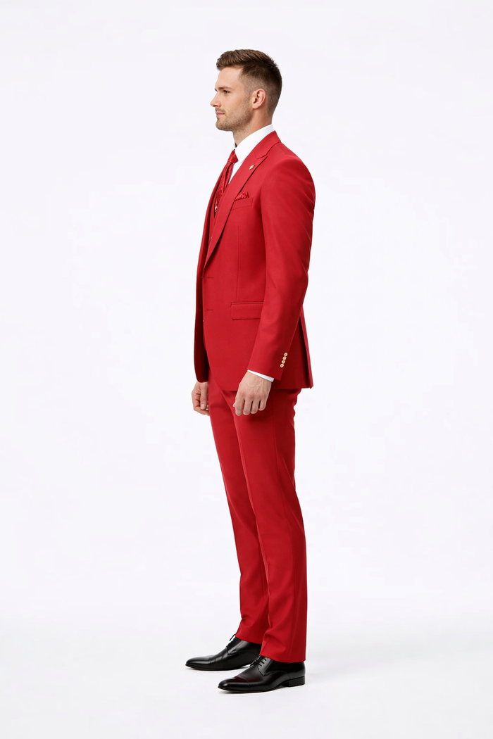 Rossiman Men's Red Suit ?? Stylish 1-Button Peak Lapel Jacket & Double-Breasted Vest