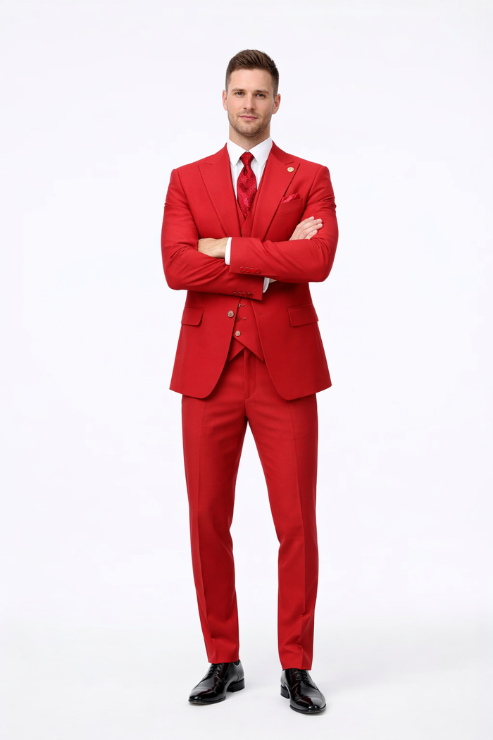 Rossiman Men's Red Suit ?? Stylish 1-Button Peak Lapel Jacket & Double-Breasted Vest