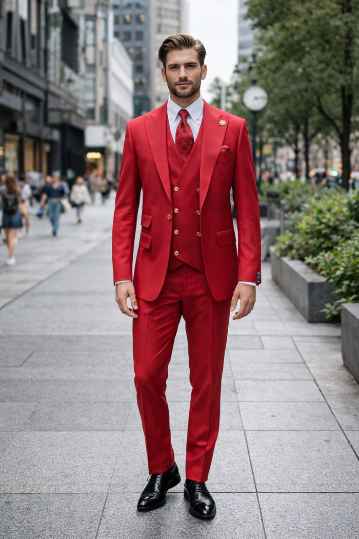 Rossiman Men's Red Suit ?? Stylish 1-Button Peak Lapel Jacket & Double-Breasted Vest