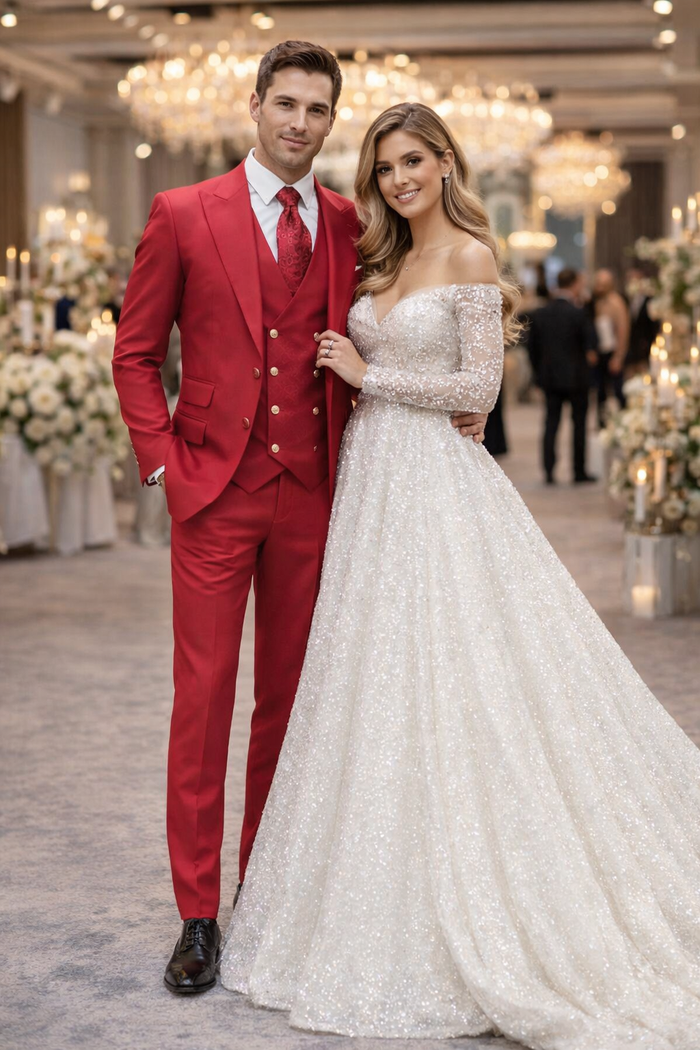 Rossiman Men's Red Suit ?? Stylish 1-Button Peak Lapel Jacket & Double-Breasted Vest