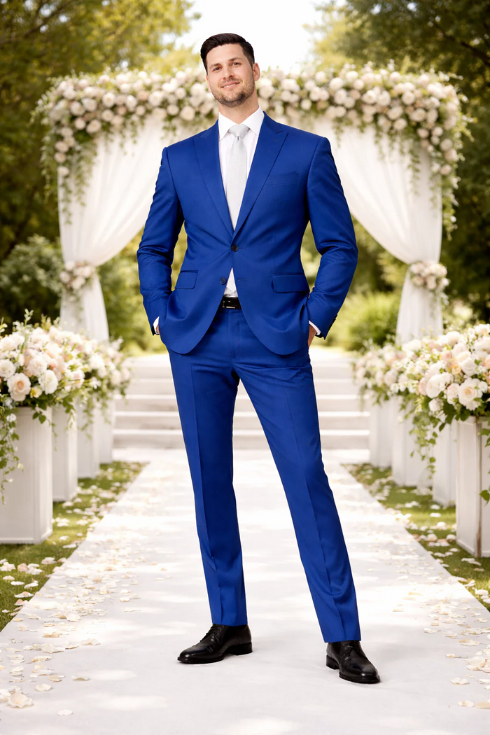 Rossiman Men's Royal Blue Glossy Sateen Suit - Bold & Refined Look