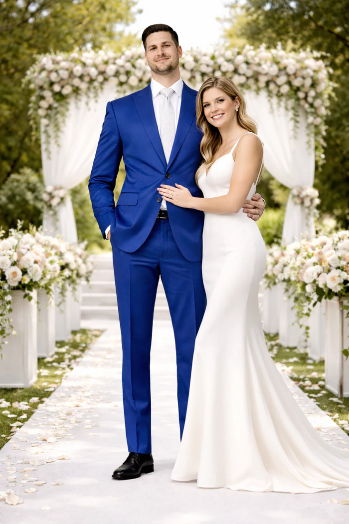 Rossiman Men's Royal Blue Glossy Sateen Suit - Bold & Refined Look