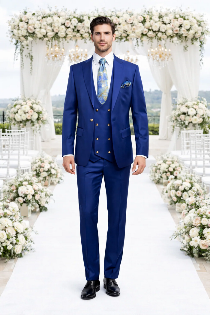 Rossiman Royal Blue Men's Suit Double Breasted Slim Fit